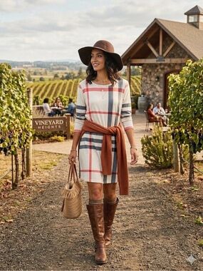 SMYS Elegant Ivory Plaid Long-Sleeve Swing Dress XL